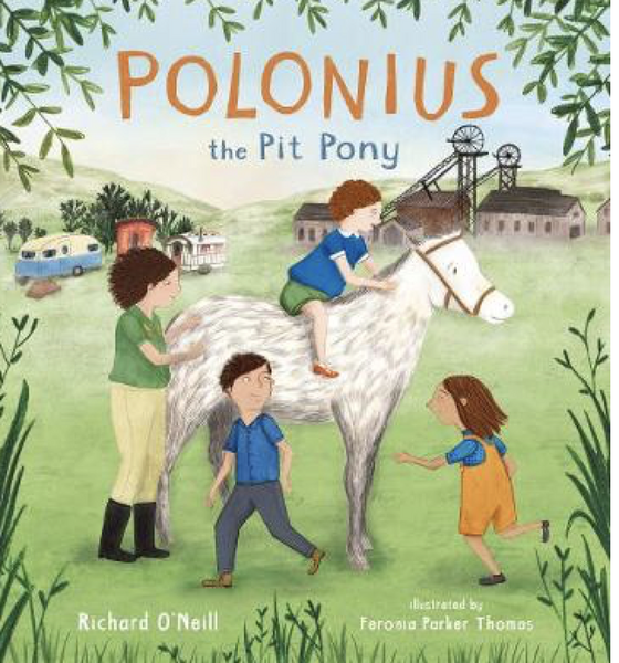 Polonius the pit pony. A white horse with four children happily standing around it. 