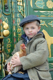 Young boy holding a chicken sat on porch of green Romany wagon with gold paintings on. 