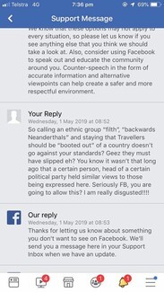 Facebook’s response when Save Warwick Dogs Facebook page was reported to them