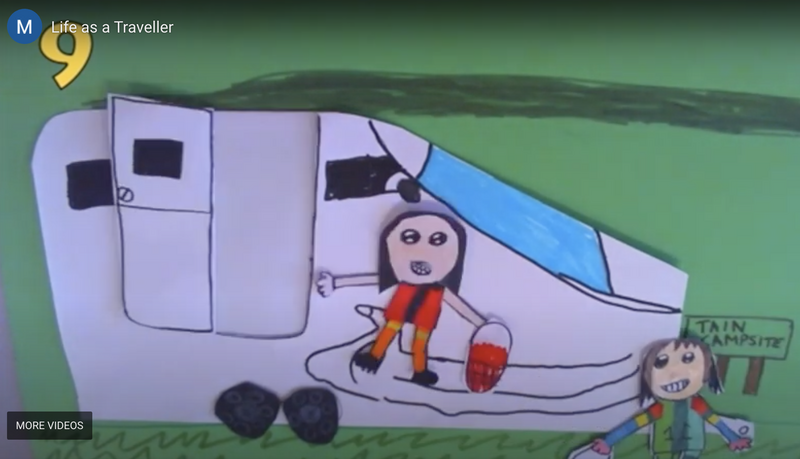 childrens animation of caravan and two young girls at tain campsite 