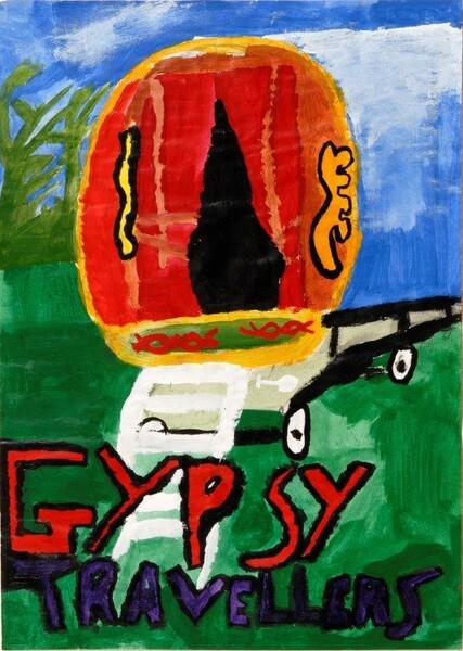 Kids drawing of a colourful wagon with letters written on teh bottom of the drawing saying Gypsy Travellers 