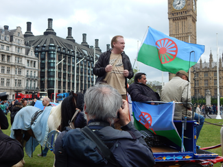 Phien O’ Reachtigan of The Gypsy and Traveller Coalition at the Dosta, Grinta, Enough! - Gypsy and Traveller rights rally at Parliament in 2016