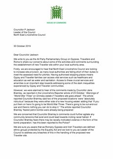 The letter from the All Party Parliamentary Group for Gypsies, Travellers and Roma sent to North East Lincolnshire Council