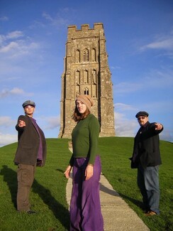 Brickshed promo pic, at Glastonbury Tor. Chris Smith (stage name, Walter Brick), Les Scarrott (stage name, Lez Shed) and Lorna Davies, (stage name, Luna Pa) 1994