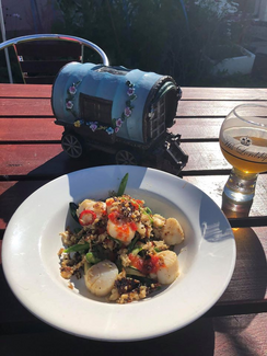 Crispy scallops, beans and courgettes (fresh from the garden!) washed down with home-made cider. From Paul Baker