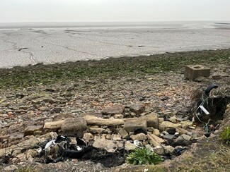 polluted shore next to Rover Way, Cardiff