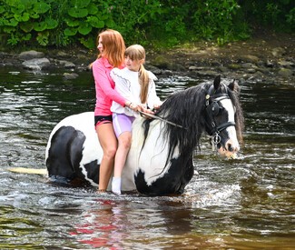 Horses and people in the river