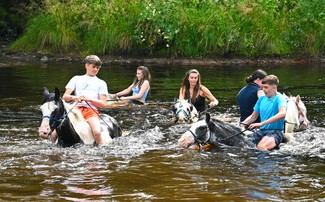 Horses and people in the river